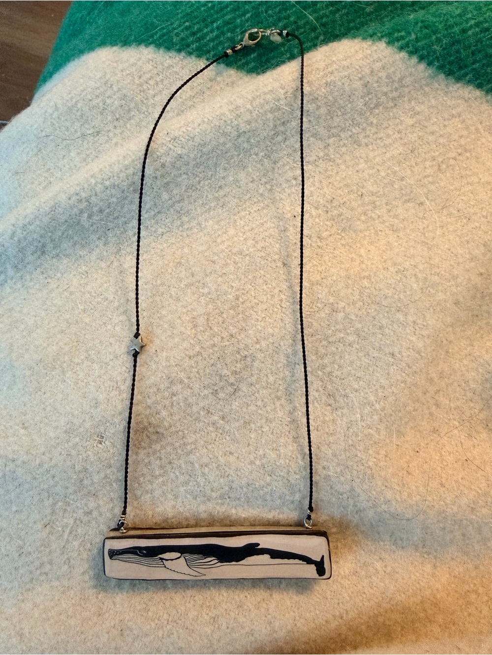 Handmade Blue Whale Bar Pendant Necklace in Black and Cream